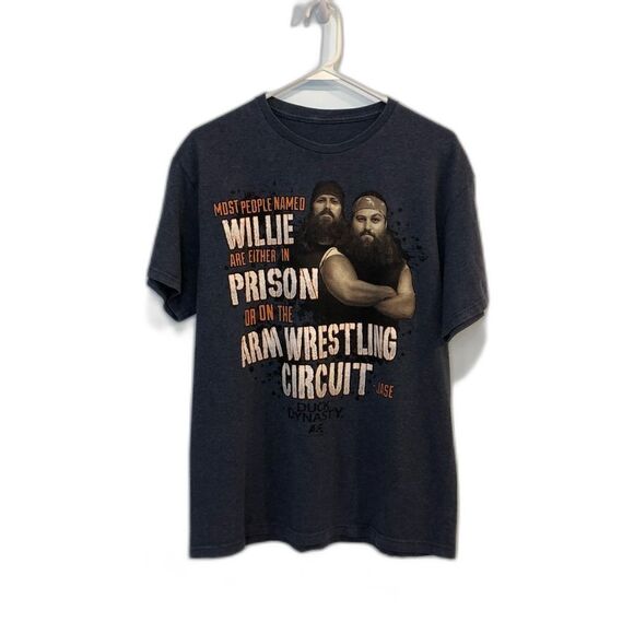 Duck Dynasty men’s T-Shirt Willie & Jase Saying Size Large Gray Blue Background - Picture 1 of 10